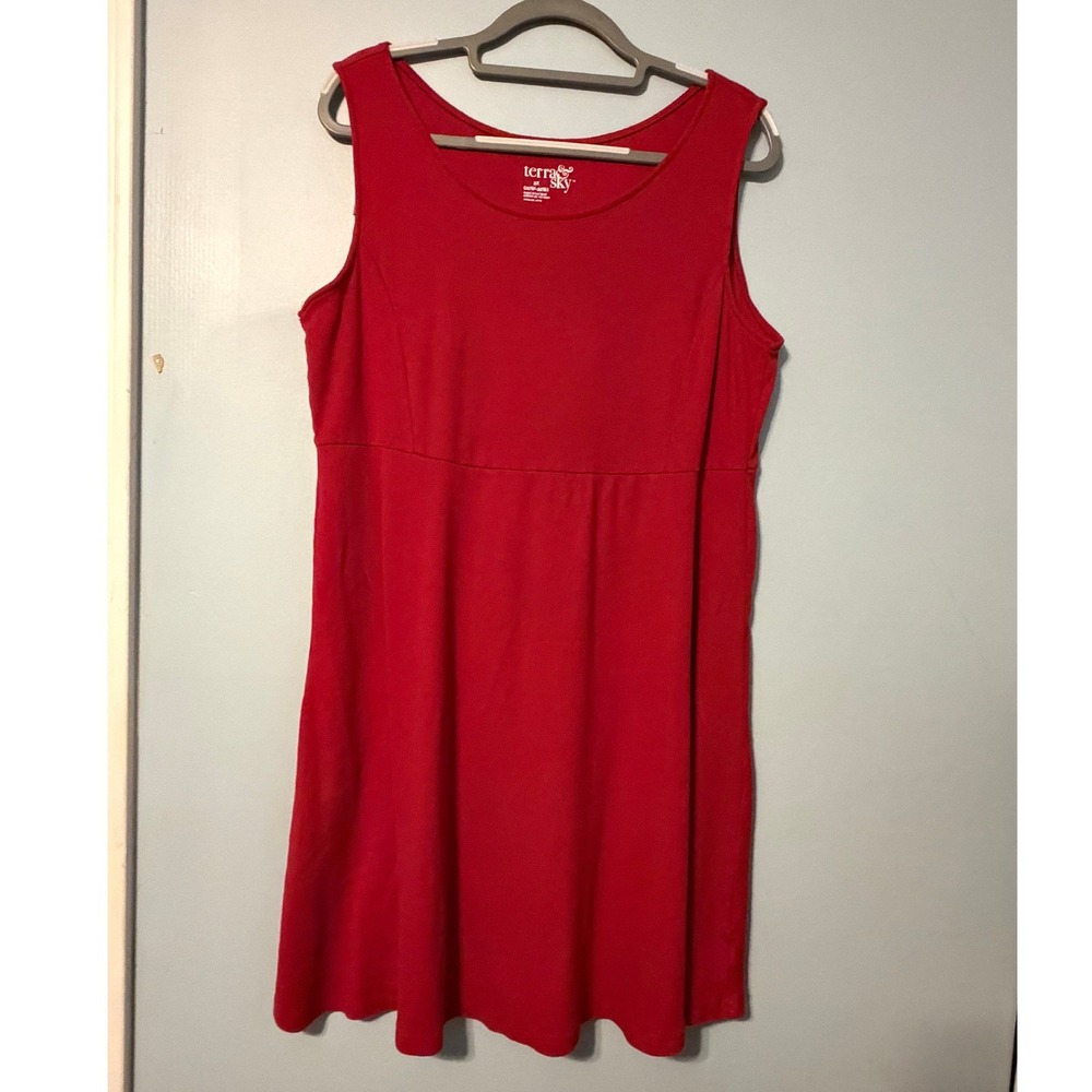 Terra & Sky Women's 2X 20-22 Red Empire Waist Sleeveless Cotton Blend Dress 2130